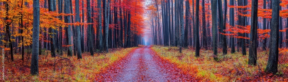 Poster enchanting pathway through vibrant forest filled with deep red leaves inviting tranquility and wonde