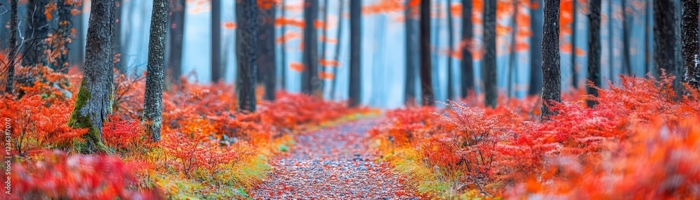 Poster enchanting pathway through vibrant forest filled with red autumn leaves inviting peaceful exploratio