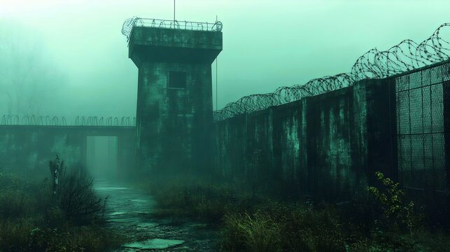A prison cell block with a tall tower and a fence