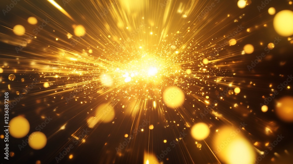Poster radiant burst of golden light with dynamic lines and bokeh effects