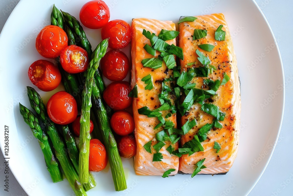 Poster deliciously grilled salmon fillet served on a white plate with fresh green asparagus creating a vibr