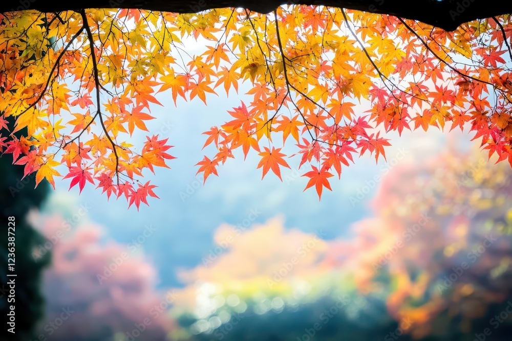 Poster vibrant autumn leaves creating a colorful mosaic on the ground with warm tones of red orange and yel