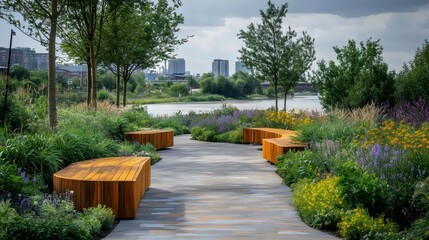 A park with a path lined with benches and trees