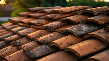 A rustic pile of clay roofing tiles catches the soft light of an early morning sun, their earthy tones harmonizing with the surrounding natural elements. - Powered by Adobe