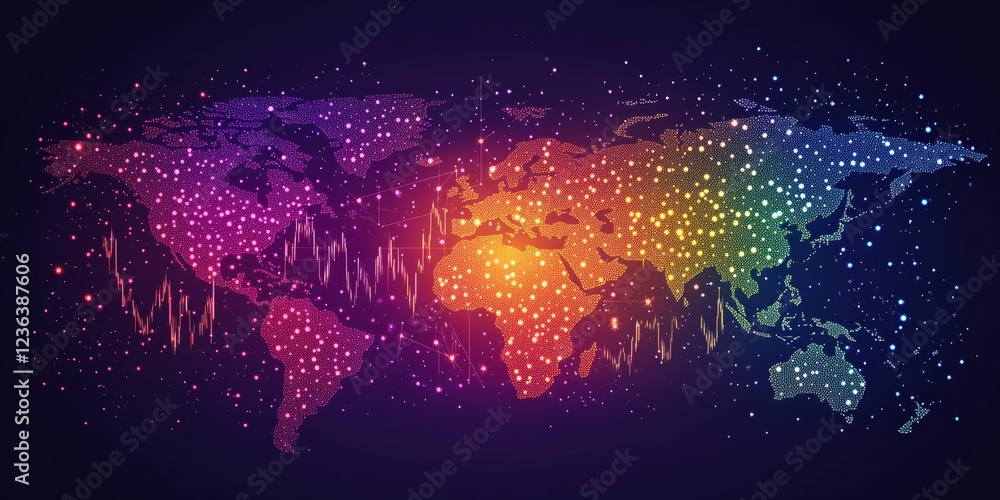 Poster global connectivity world map with abstract network, futuristic technology background