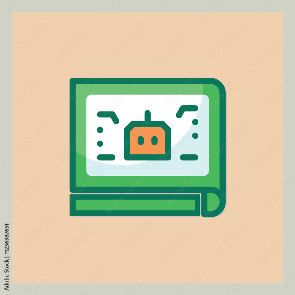 Poster blueprint style icon representing a simple robot design with green and orange accents