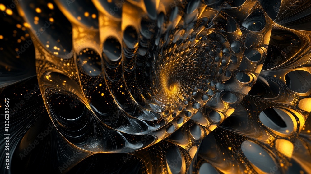 Poster abstract fractal spiral with golden highlights and dark background creating a hypnotic design