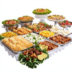 Fototapeta premium Abundant Buffet Spread Featuring Various Cuisines with Fresh Ingredients and Colorful Presentation