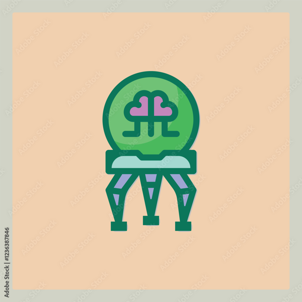 Poster a green and purple icon of a robot with a brain displayed inside of a round container