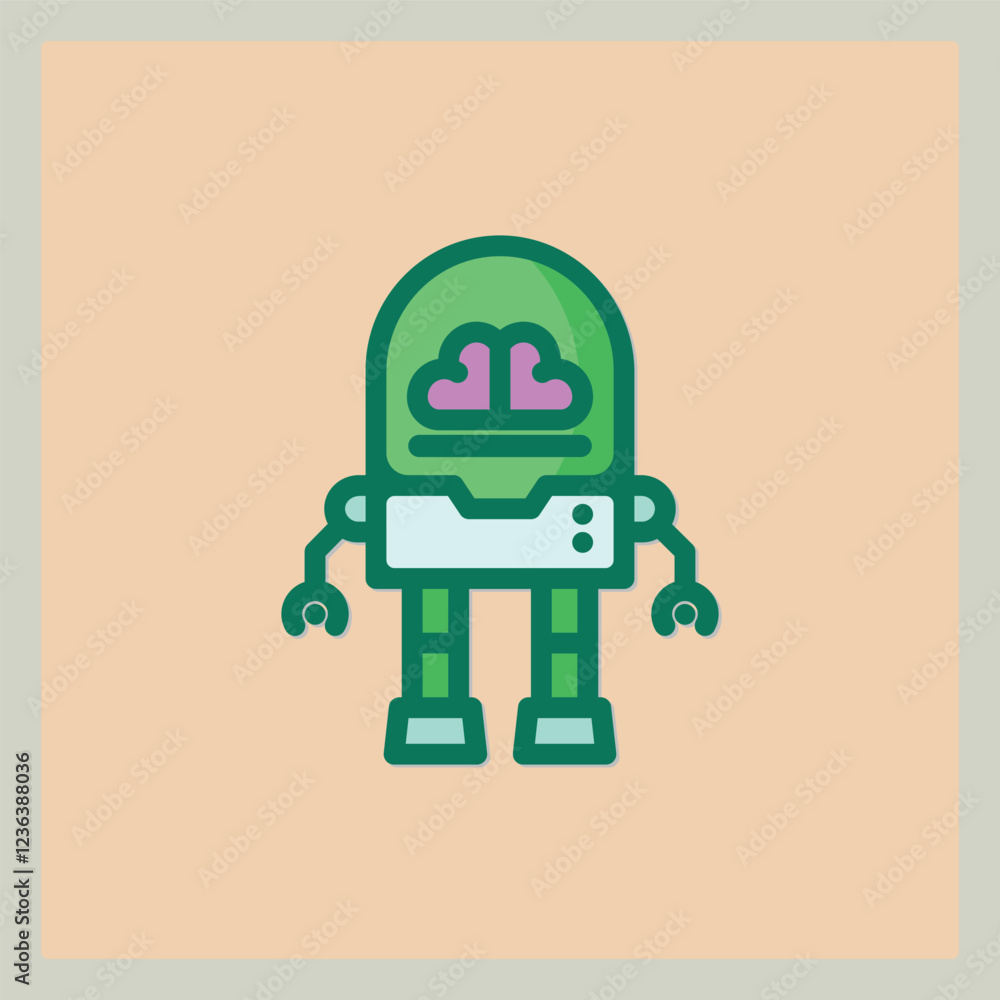Poster green robot icon with brain visible simple and flat design in light colors style on peach background