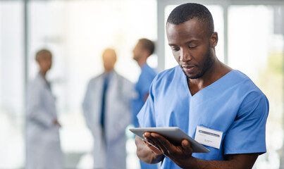 Man, nurse and reading with tablet for telehealth, online results or report at hospital. Male...