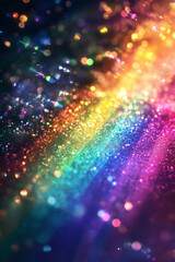Obraz premium Abstract glittery banner with rainbow shining particles on black background, sparkling light.