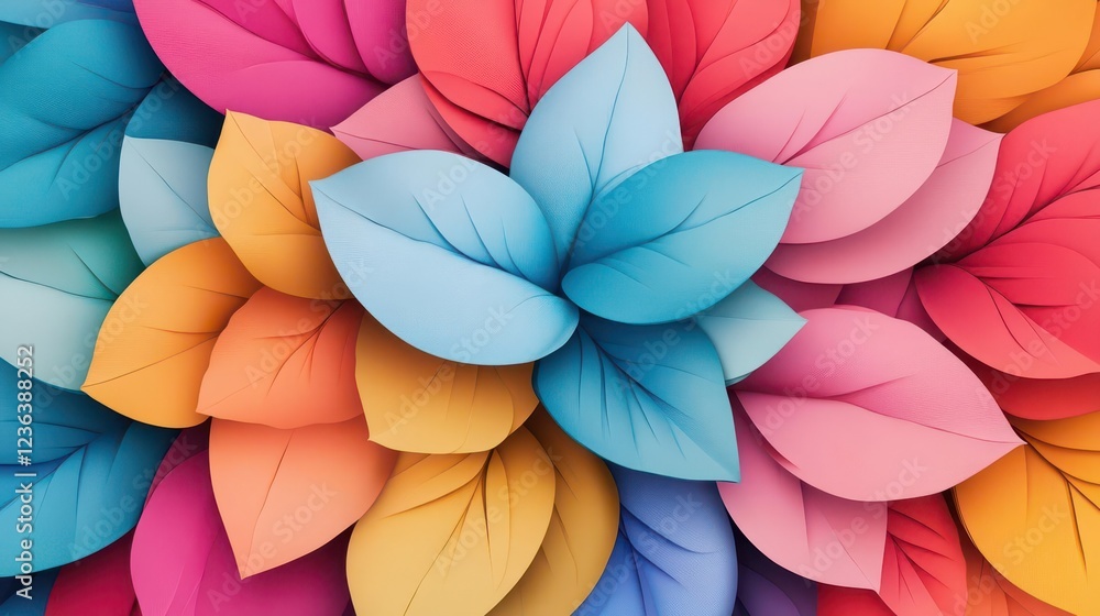 Poster vibrant and colorful paper flowers arranged artistically on a white background creating a lively and