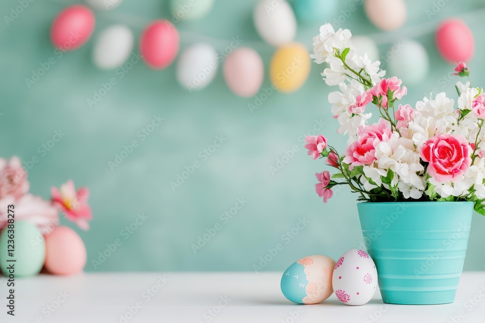 Aufkleber beautiful vase overflowing with colorful flowers and decorative easter eggs creating a cheerful spri