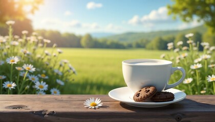 Cup of milk and chocolate cookies on a wooden table with daisies and a beautiful landscape view for serene countryside concept with copy space