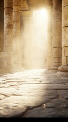 Fototapeta premium ' Sun shines into stone column hallway, ancient structure in a hazy background.