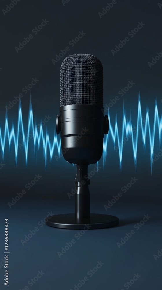 Poster professional microphone is recording a sound wave visualized as a blue neon light in a dark studio, 
