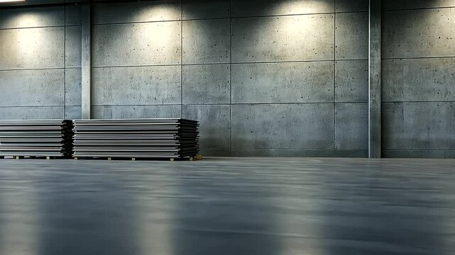 A row of neatly stacked corrugated metal roofing sheets leans against a gray industrial wall, the metallic texture catching the faint glow of overhead lighting in a spacious wareho