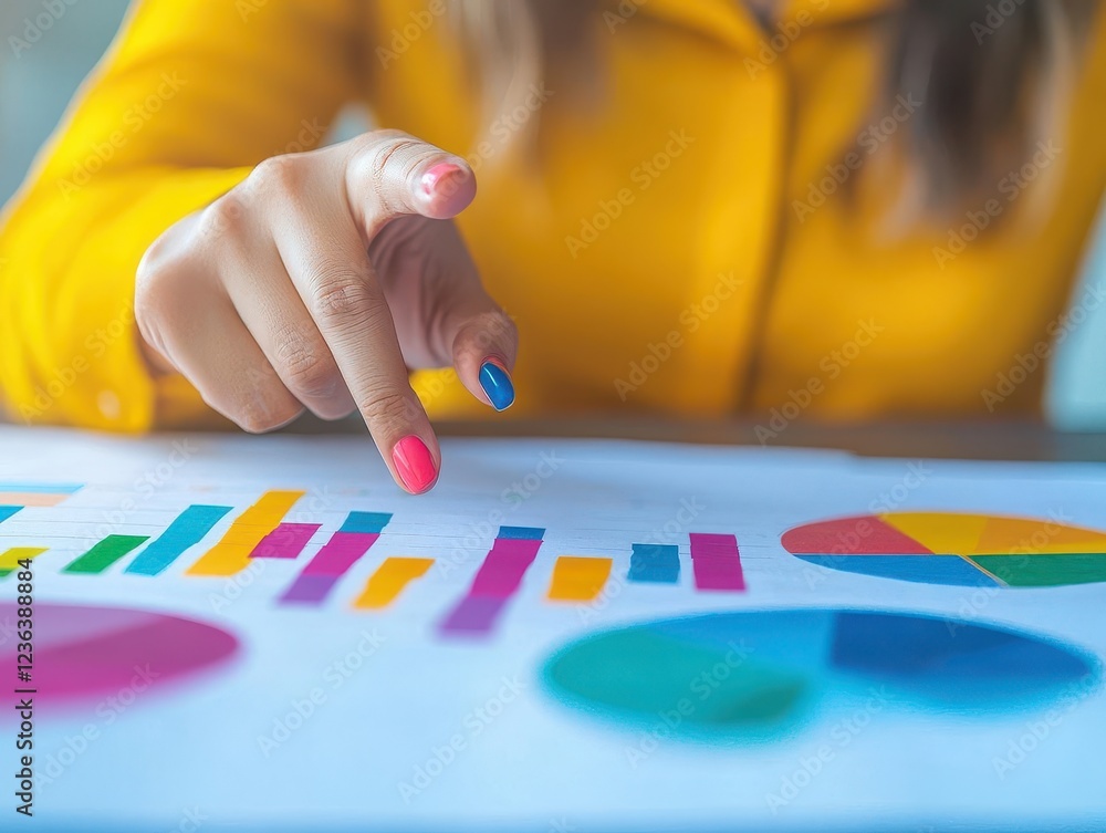 Leinwandbilder confident woman engaged in business presentation pointing at a vibrant colorful pie chart illustrati