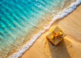 Naklejka premium Luxurious Gold Gift Box on Sandy Beach, Summer Ocean Background - Drone Aerial View