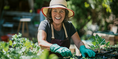 Beautiful senior lady working in the garden. Landscape designer at work. Smiling elderly woman gardener caring for flowers and plants on spring day. Hobby in retirement.