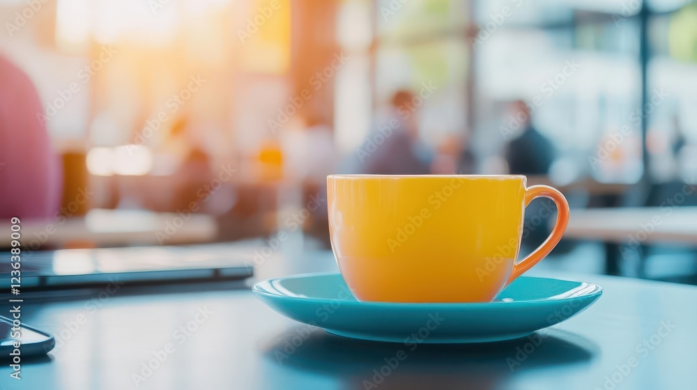 Aufkleber cozy coffee cup on elegant wooden table with modern laptop in soft ambient light creating a producti