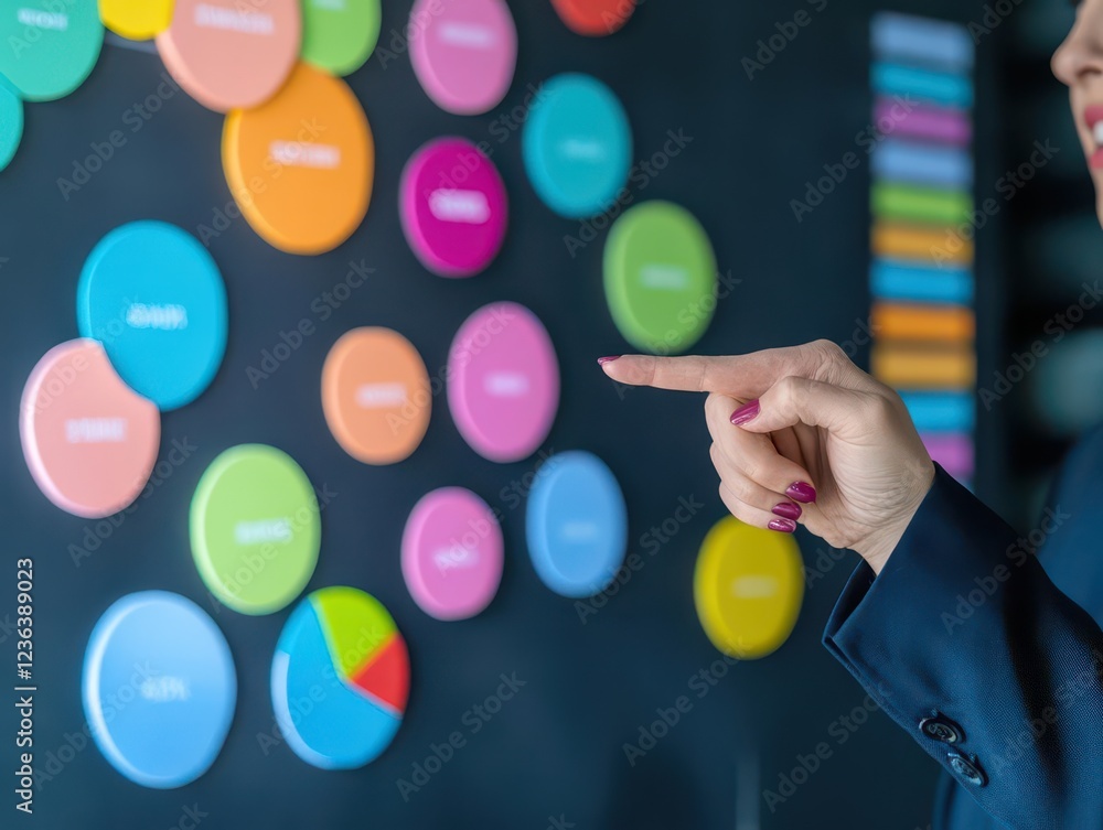 Poster a woman enthusiastically pointing at a vibrant wall adorned with colorful circles evoking a sense of