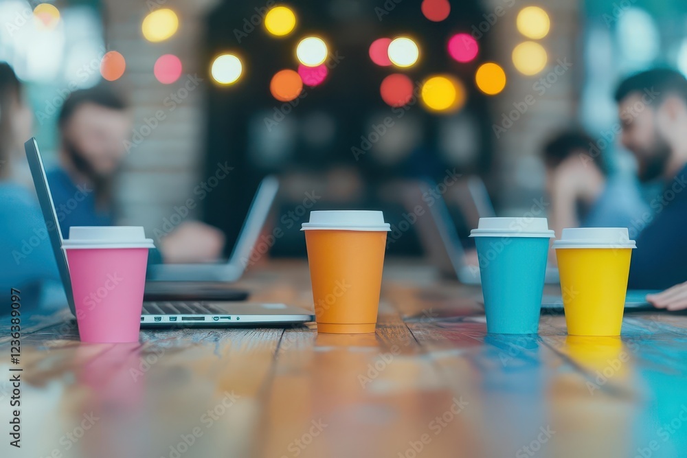 Poster three stylish coffee cups arranged on a wooden table beside a modern laptop creating a cozy inviting