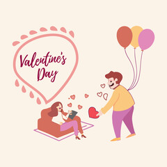 Valentine's Day celebration with love and romance. Playful couple with heart balloons in a cozy setting. Romantic illustration with heart icons and a joyful couple.