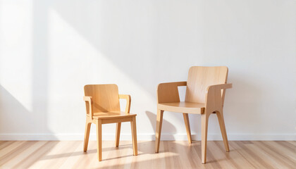 Wooden chairs in minimalist design on bright wooden floor for blogs, websites, interior design projects, furniture catalogs, e-commerce, and home decoration inspirations