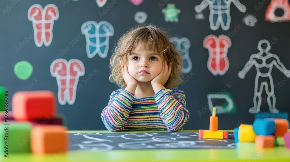 Poster charming little girl engaged in creative play with colorful blocks and toys at a brightly lit table 