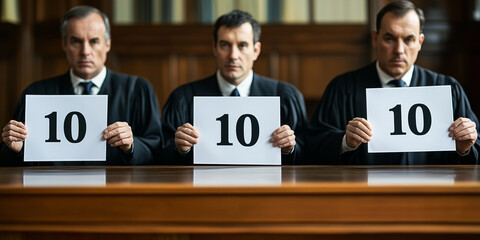 Three contest judges by the table, holding posters with number "10" on them.