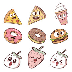 playful food characters. cartoon-style food faces on a white background. colorful illustration of food with smiles and expressions.