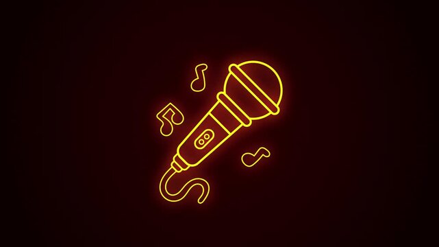 Neon Microphone with musical notes. Flashing Neon Sign Effect. A mesmerizing 4K neon animation featuring a glowing microphone surrounded by floating musical notes. 