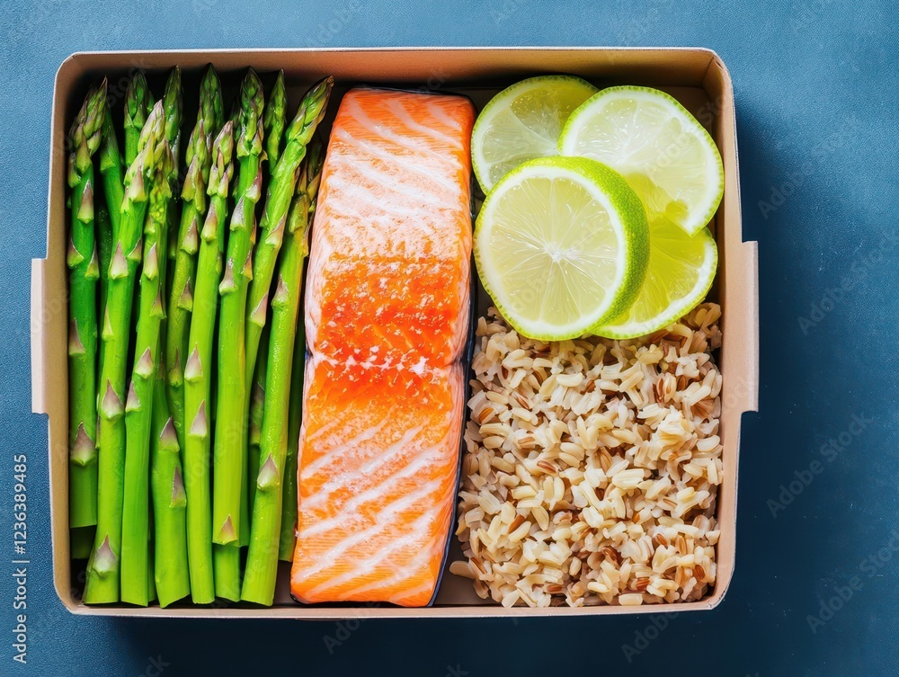 Poster deliciously grilled salmon garnished with fresh asparagus and served with fluffy rice creating a vib
