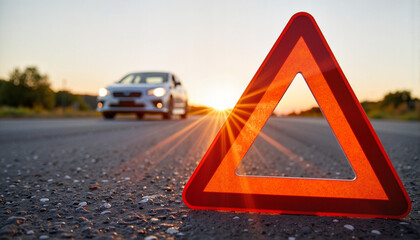Warning triangle on a road with a car approaching at sunset for blogs, websites, traffic safety materials, educational content, emergency preparedness, and accident awareness campaigns