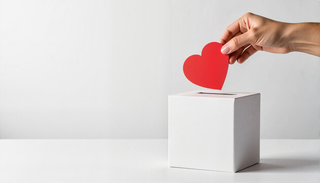 Hand placing a red heart in a donation box on a minimalist background for fundraising campaigns, charity promotions, social causes, websites, and awareness initiatives