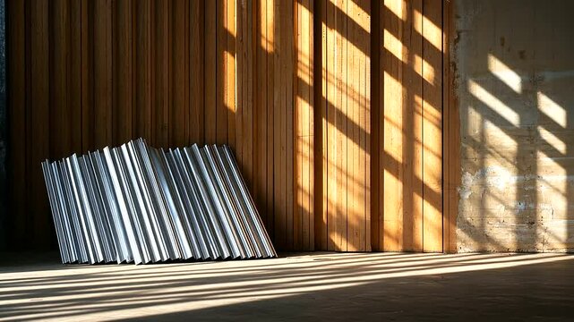 A pile of corrugated metal roofing sheets leans casually against a wooden partition in a large warehouse, the interplay of light and shadow emphasizing their ridged design.