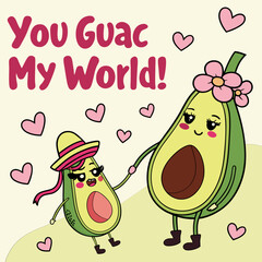 Fototapeta premium funny valentine's day avocado couple illustration. kawaii-style guacamole love vector. cute romantic avocado pun design.