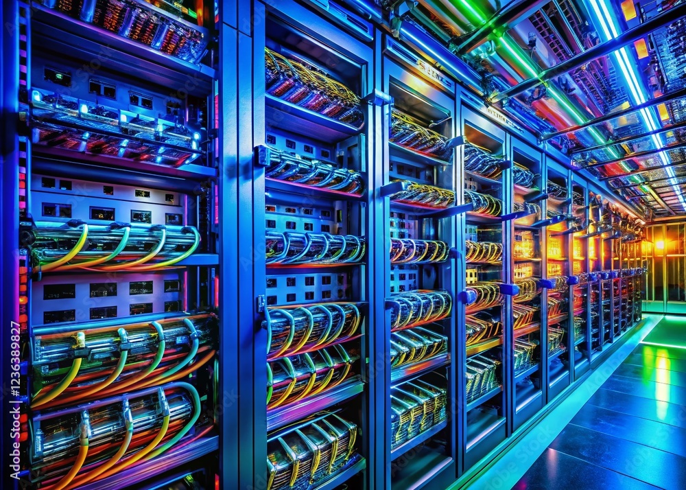 Poster macro shot: data center servers, cloud network, generative ai, hosting databases, internet infrastru
