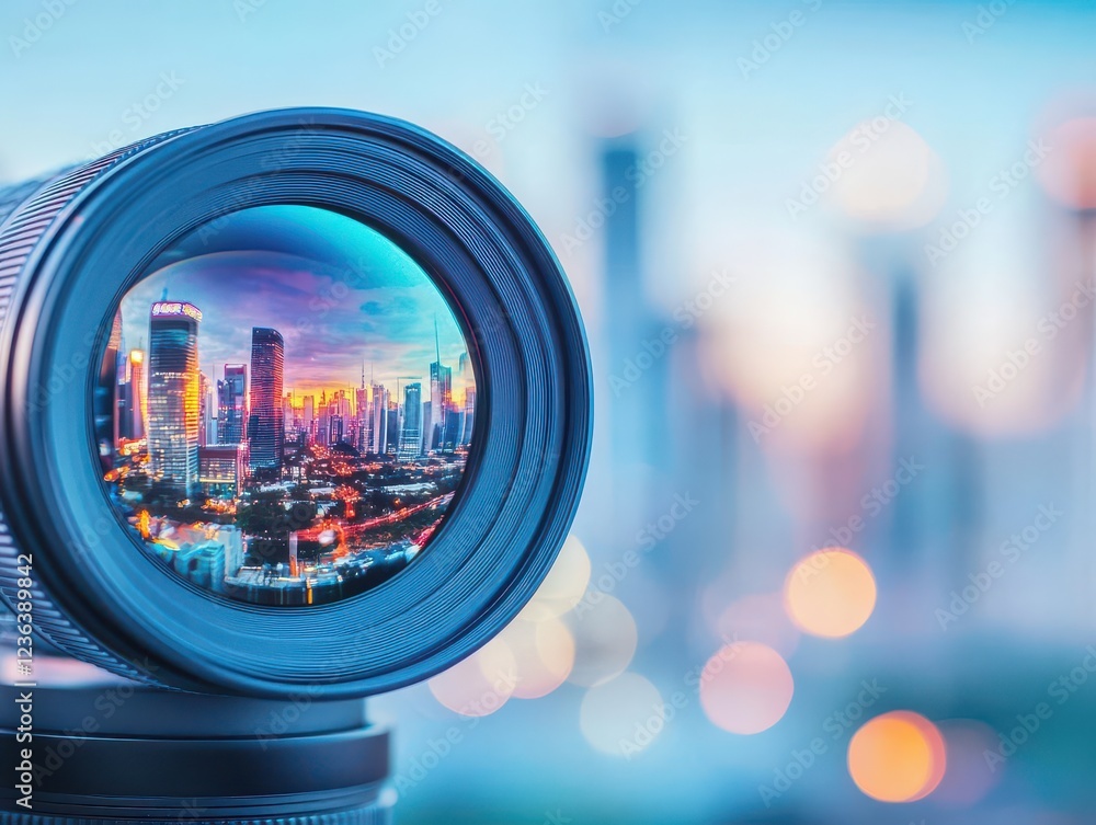 Poster artistic view of a camera lens framing a vibrant urban skyline bathed in golden hour light creating 