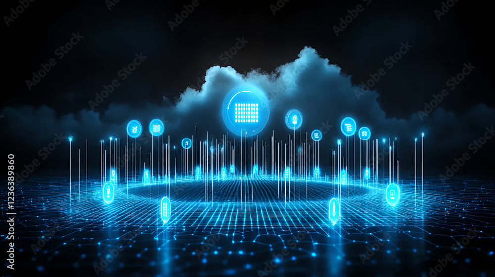 Poster digital transformation event showcasing futuristic technology solutions in virtual cloud environment