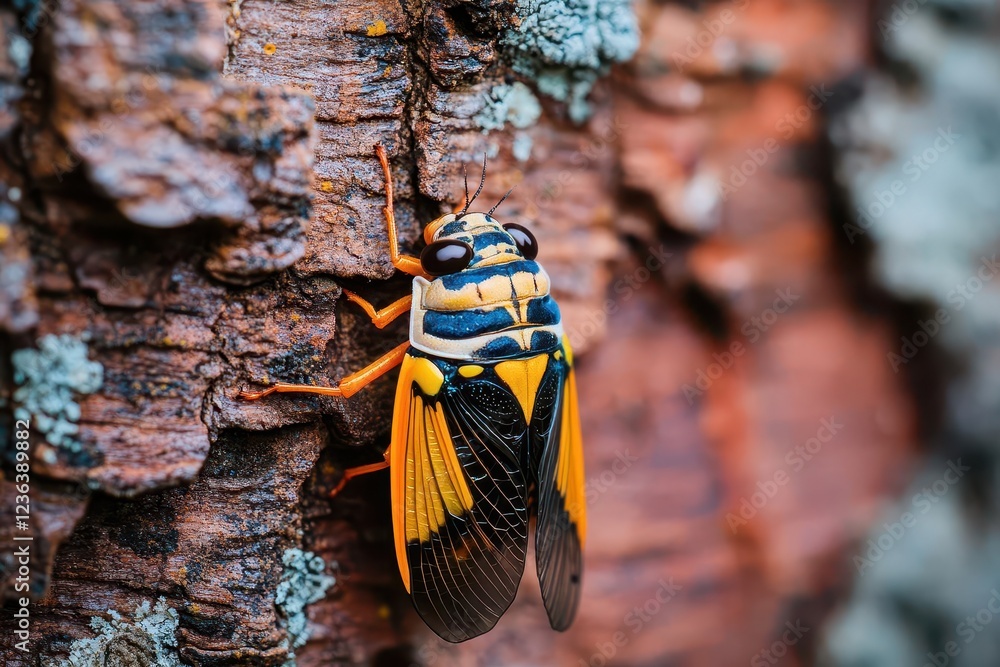Poster Close-Up of a Wasp Resting on a Tree Branch Surrounded by Lush Green Foliage in a Bright Natural Setting Highlighting Nature's Intricate Details