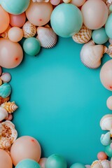 Obraz premium A colorful arrangement of balloons and seashells surrounds a turquoise background, creating a playful and vibrant atmosphere.