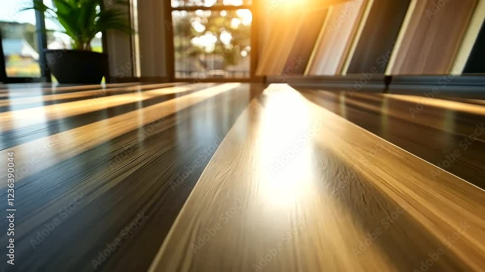 Poster a selection of premium laminate flooring samples arranged in a gradient pattern, their realistic woo
