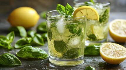 Fototapeta premium Refreshing Basil Iced Tea Drinks with Lemon, on Dark Stone