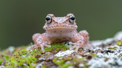 Pink frog on mossy rock, nature closeup