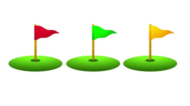 Animation of Three small golf flags in red, green, and yellow on grassy platforms, symbolizing sports, mini-golf courses, competition, and recreational outdoor fun.