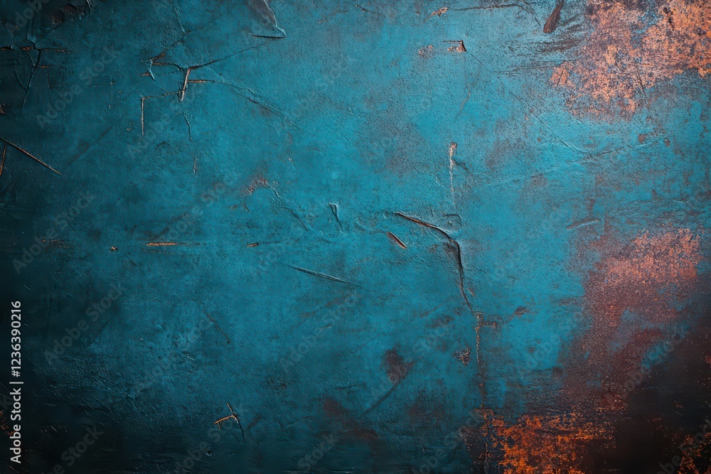 Poster Vibrant Blue and Orange Background with Textured Rust Paint Creating a Unique Artistic Display Evoking Feelings of Depth and Urban Aesthetic Appeal
