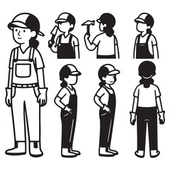 Handyman, repair worker, plumber in uniform. Front, side and back view set. Body parts, postures, poses collection vector illustration.